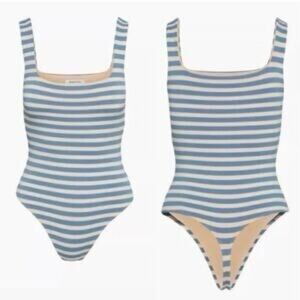 Aritzia Babaton Blue Tan Striped Lined Sleeveless Bodysuit Womens Size XL